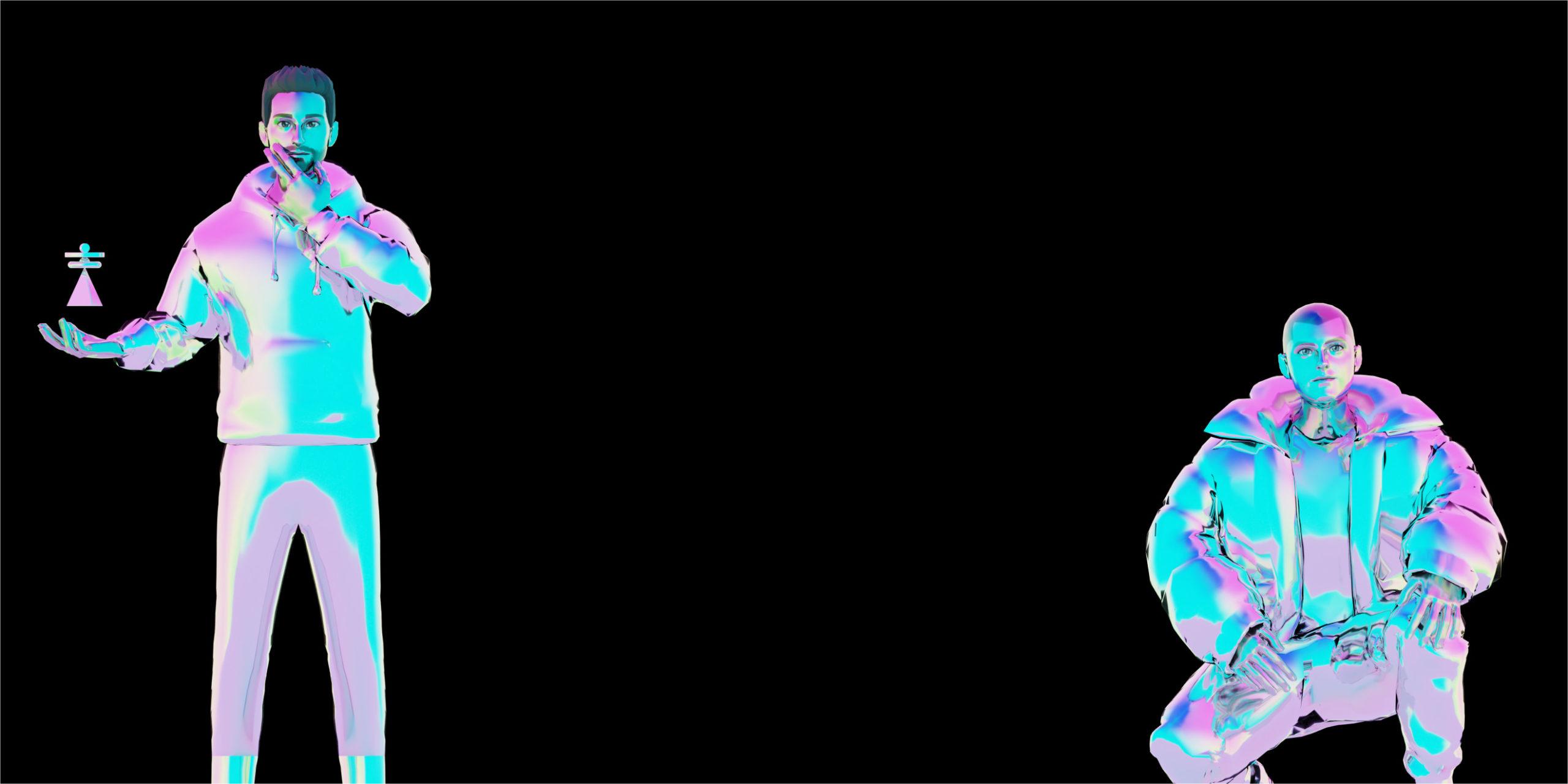 Deux hommes modélisés en 3D sur fond noir